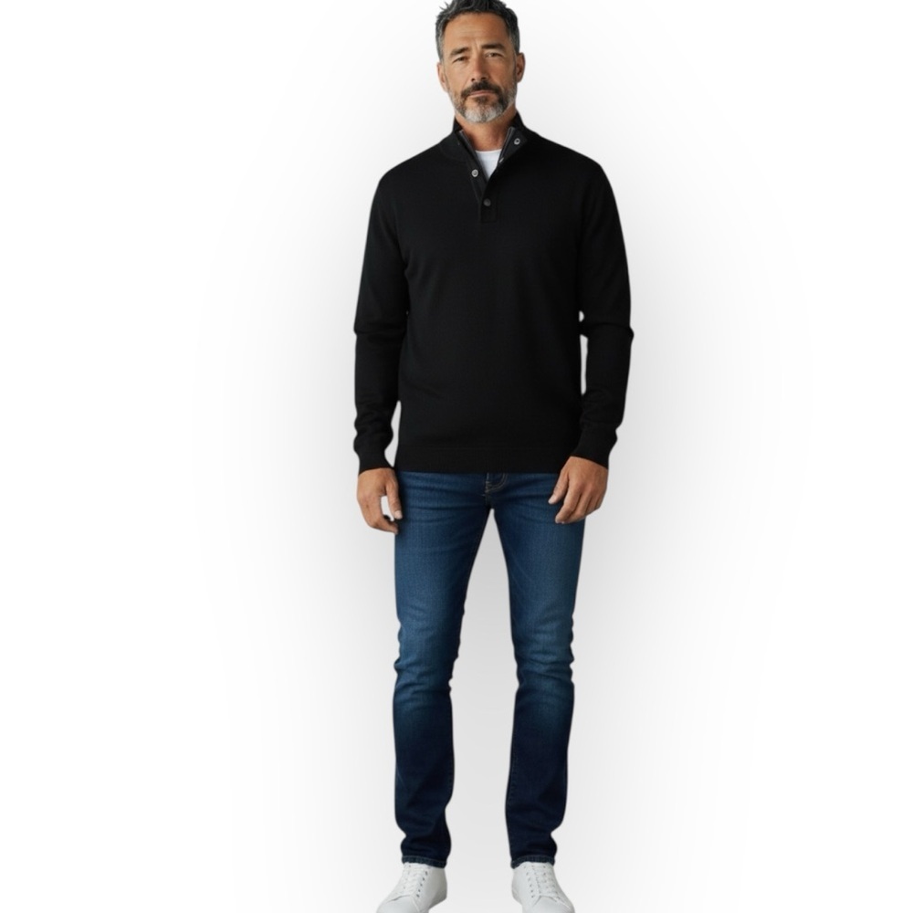 Eastside Westside Double Mock Neck 3/4 Zip Long Sleeve Cotton Sweater Black L